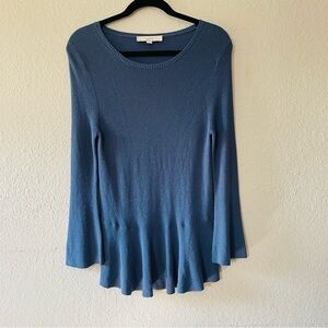 Loft woman's blue long sleeve knit top size S flared feminine hem stretchy